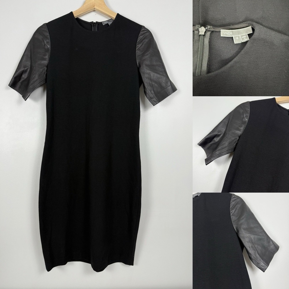 Vince Black/ Leather Sleeve Pencil Dress Work Career Office Womens 4